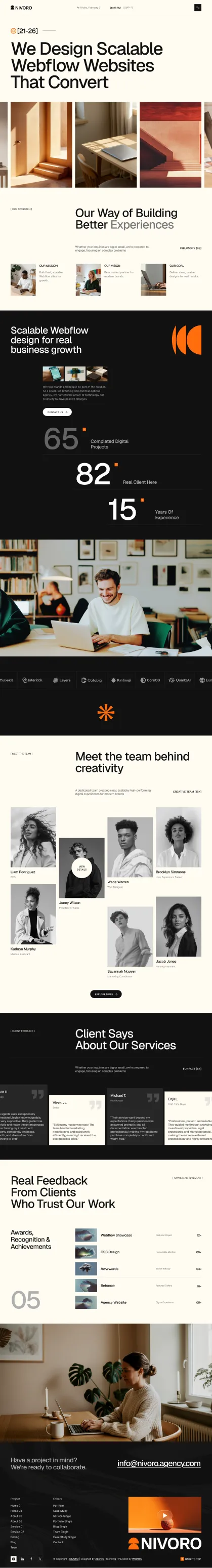 Nivoro agency homepage showing web design services, team photos, client feedback, and contact info.