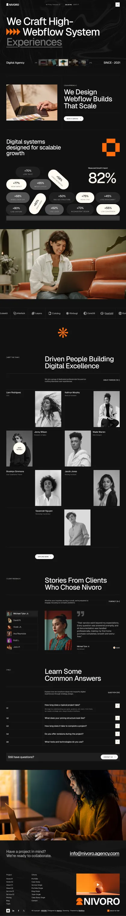 Nivoro agency webpage showcasing Webflow system design, client stories, team members, and contact info.