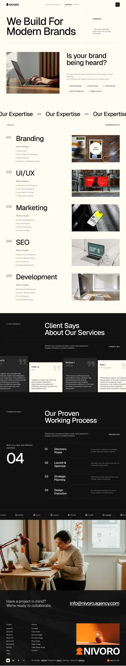 Website page showing services like Branding, UI/UX, Marketing, SEO, and client testimonials with workflow steps.