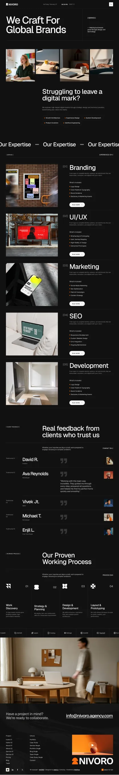 Website page showing digital services, expertise areas, client feedback, workflow steps, and contact info for Nivoro agency.