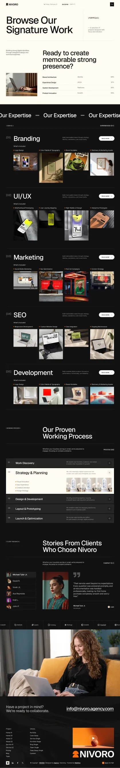 Webpage showing Nivoro's services: branding, UI/UX, marketing, SEO, development, process, and client testimonials.