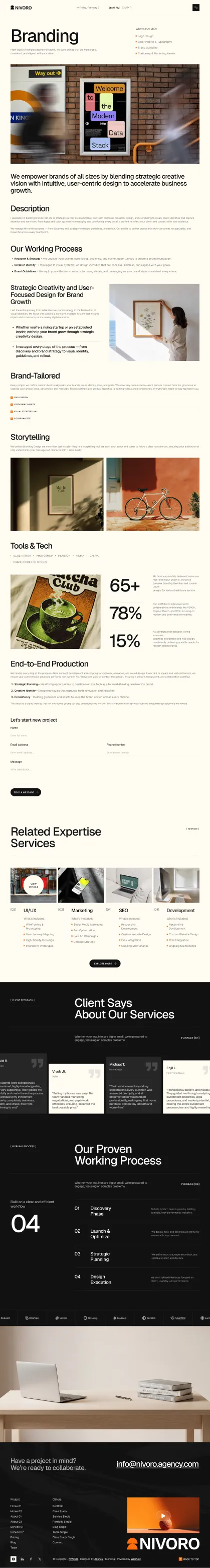 Webpage showing branding services with images, text sections, client reviews, and contact info for Nivoro agency.
