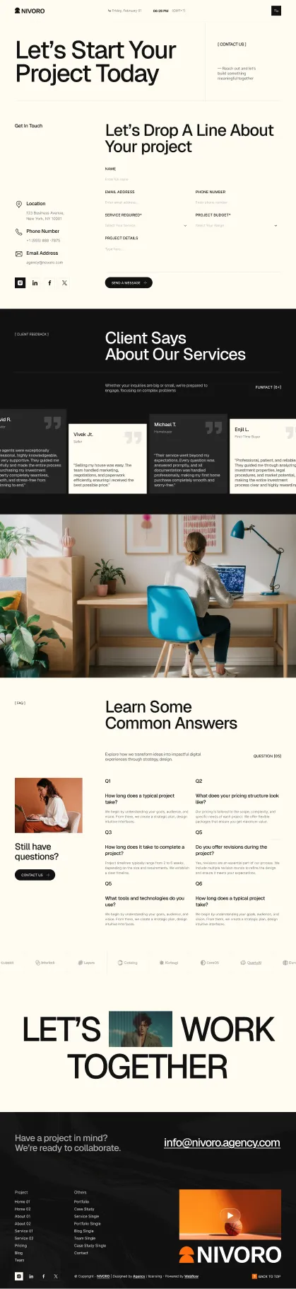 Website contact page with form, client testimonials, FAQ section, and invitation to start a project together.