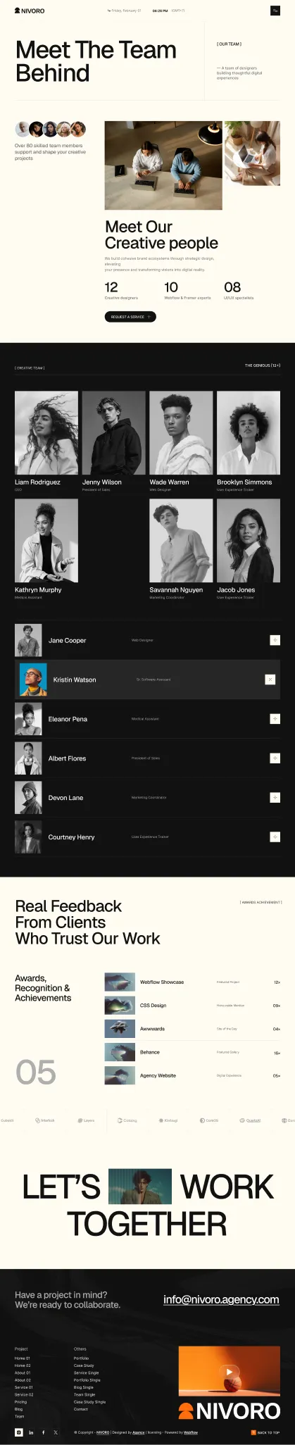 Website team page showing designers' photos, roles, client awards, and a collaboration call to action.