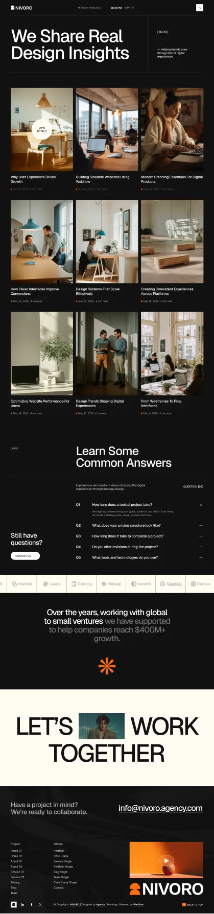 Nivoro blog homepage showing design articles, FAQs, company growth stats, and contact info with dark background.