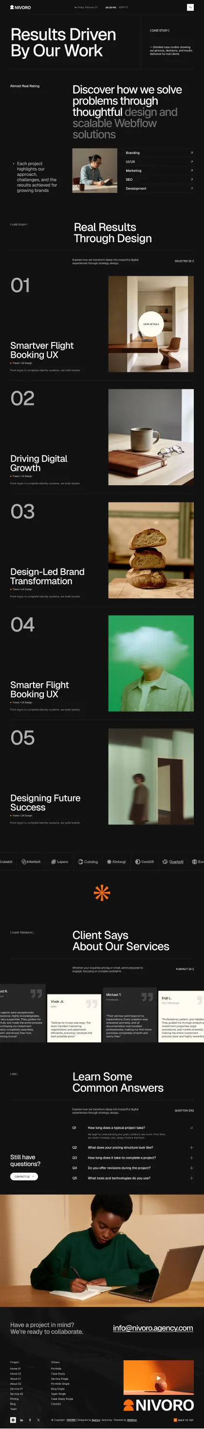Case study page showing design-driven project results, client feedback, FAQs, and collaboration invite.