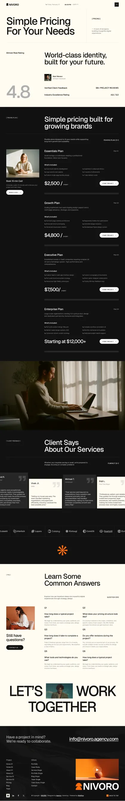 Website pricing page showing plans from $2,500 to $12,000+, client reviews, FAQs, and contact info.