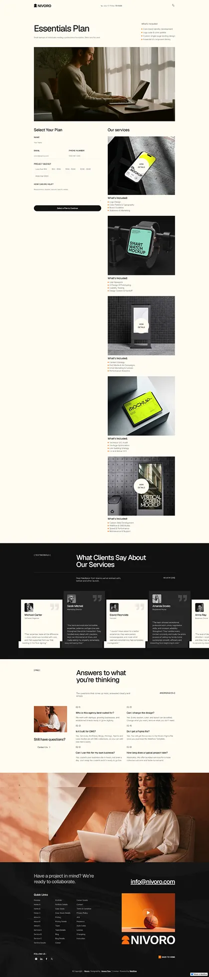 Pricing page for Essentials Plan with form, service mockups, client testimonials, FAQs, and contact info.