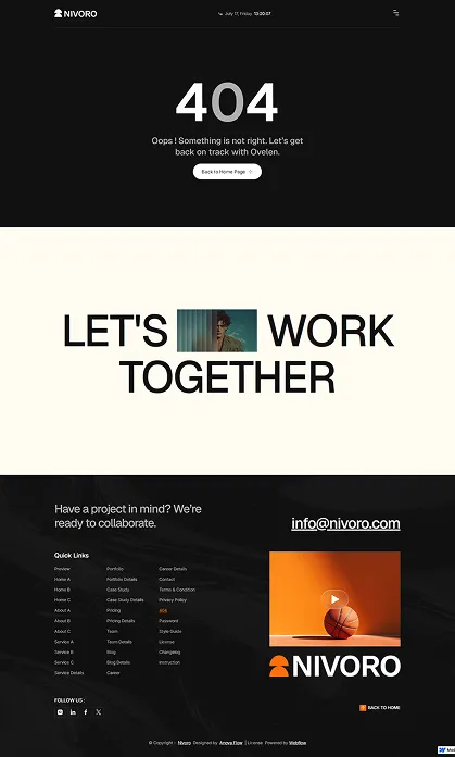 404 error page with message to get back on track, a call to work together, and Nivoro contact info.