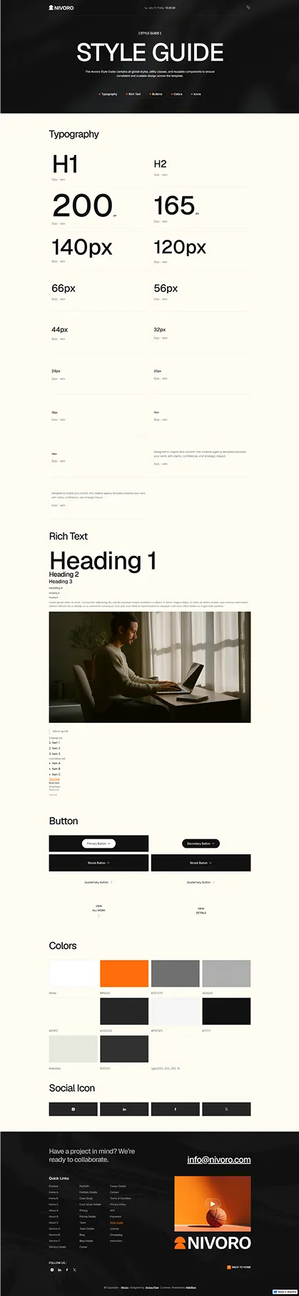 Nivoro style guide with typography, rich text examples, buttons, colors, and social icons on a beige background.