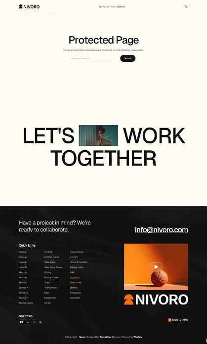 Website protected page asking for password with text 'LET'S WORK TOGETHER' and Nivoro contact info.