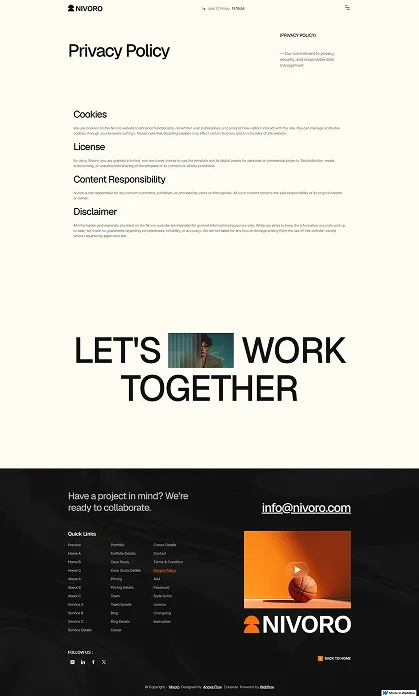 Nivoro Privacy Policy page with sections on Cookies, License, Content Responsibility, Disclaimer, and contact info.
