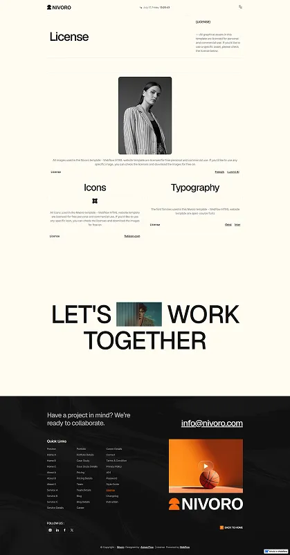 Nivoro License page showing license info, icons, typography, a woman portrait, and contact details.