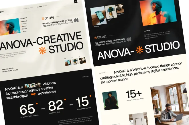 Four angled website screenshots showing creative studio and design agency info with photos and statistics.