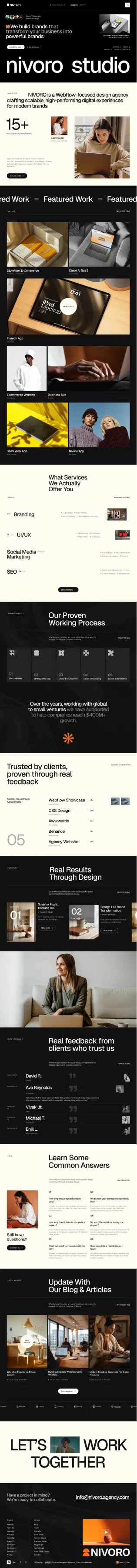 Nivoro Studio website homepage showing services, featured work, client feedback, blog, and contact info.