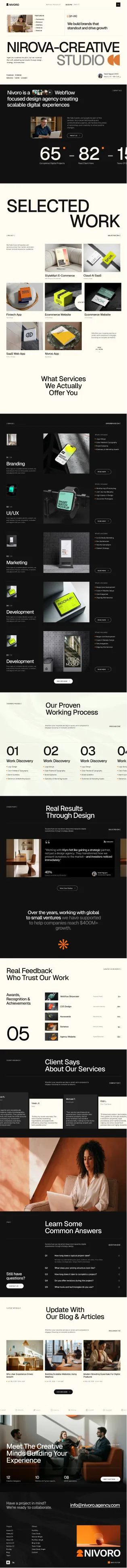 Website homepage for Nirova Creative Studio showing services, work samples, process, and client testimonials.