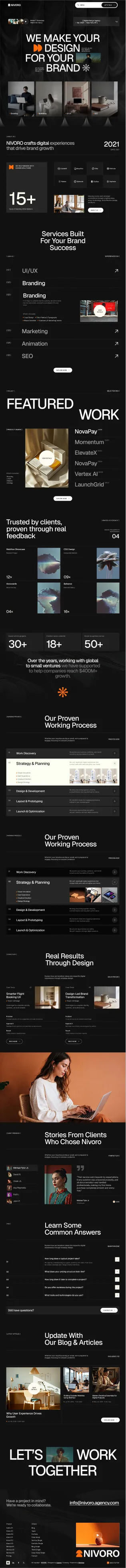 Website homepage showing digital design services, client work, testimonials, and contact info for a branding agency.