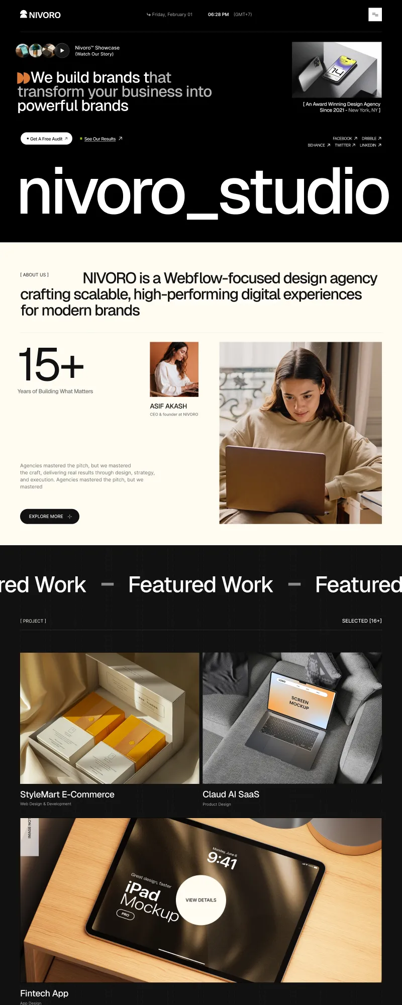Nivoro studio homepage showing design agency info, CEO photo, featured projects like e-commerce and app mockups.