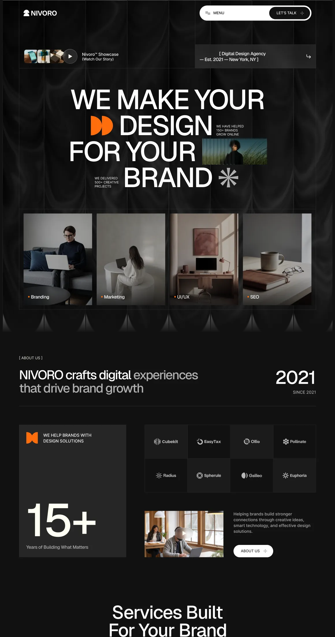 Nivoro digital design agency homepage with services: branding, marketing, UI/UX, and SEO, plus client logos.