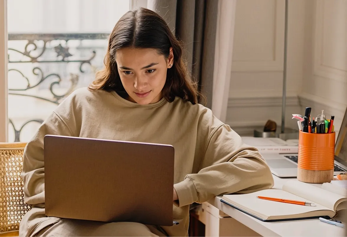 Woman sitting at desk looking at laptop with a notebook and pens nearby.