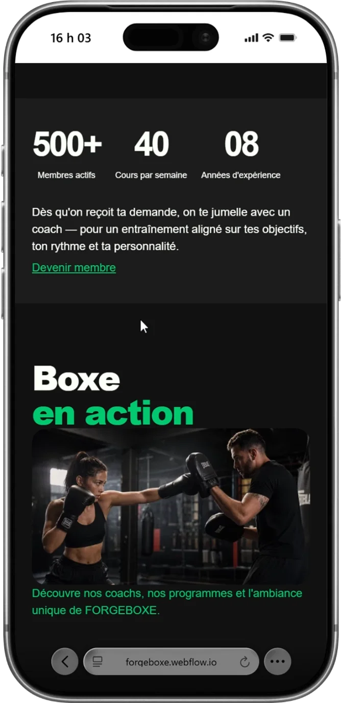 Démo ForgeBoxe sur cellulaire — le parcours vu sur téléphone