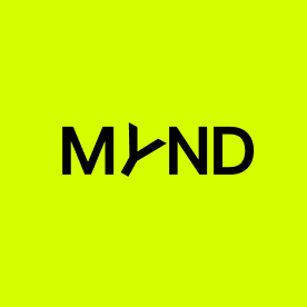 Black text spelling M Y N D with the Y stylized as a clock hand on a bright lime green background.