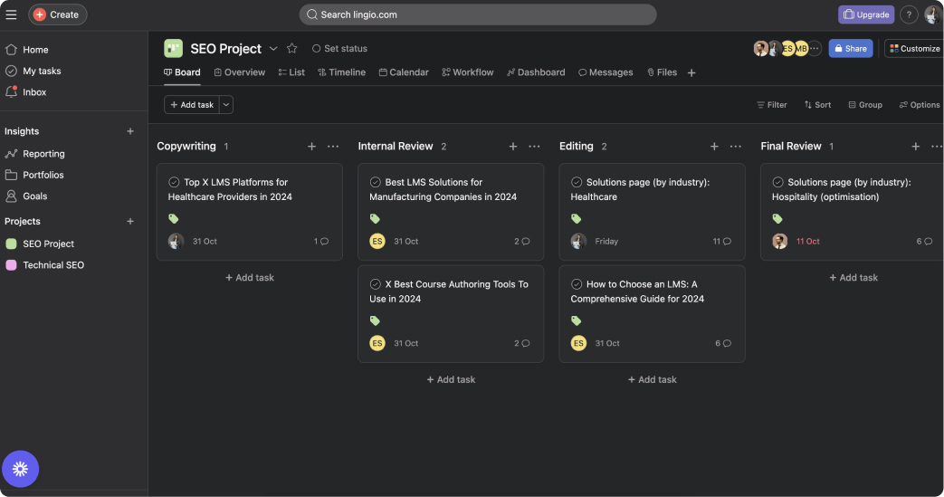Asana board with Lingio SEO articles moving through copywriting, review and editing stages