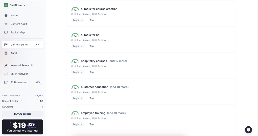 Surfer content editor showing optimization scores for Lingio articles