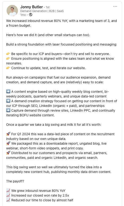 LinkedIn post by Jonny Butler on growing inbound revenue 80% YoY