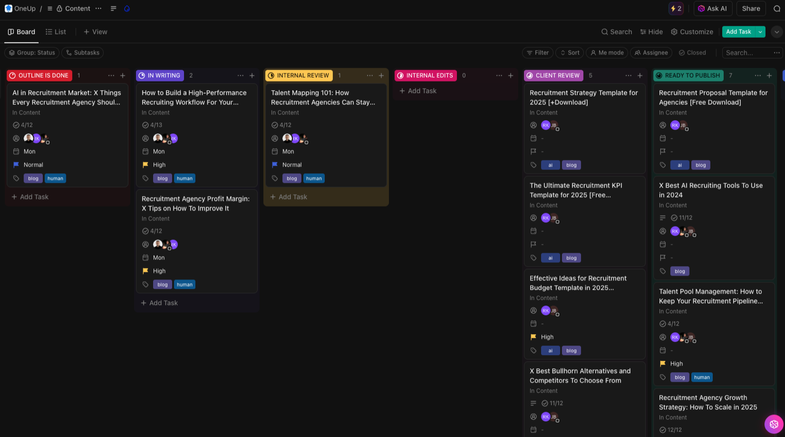 ClickUp content board with OneUp articles across production stages