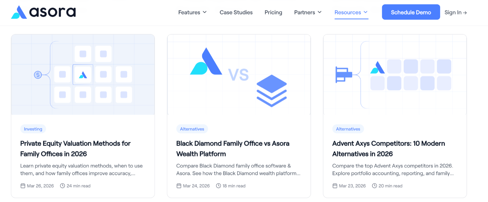 Asora blog overview with custom branded article images