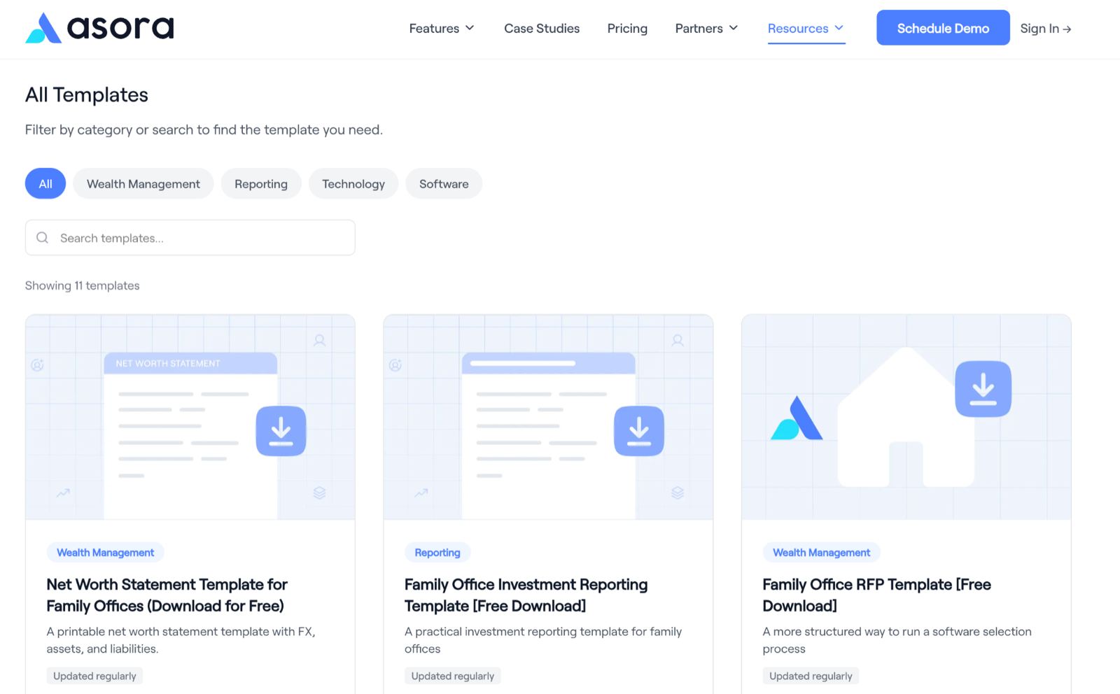 Asora template hub showing 11 templates