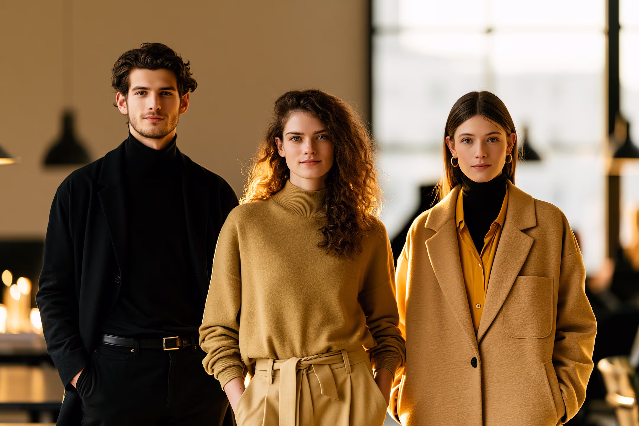 Three confident young professionals in fashionable beige and black attire standing in a modern office.