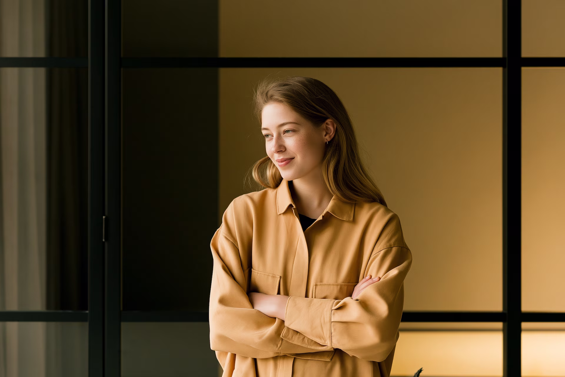 Smiling young woman in a tan shirt standing with arms crossed, looking out a window.