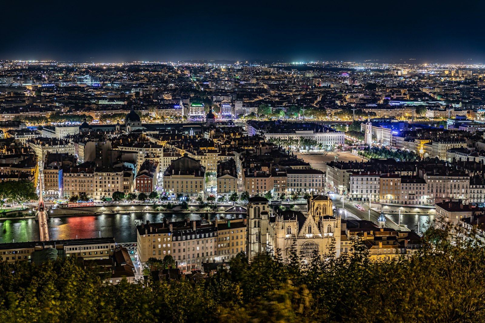 Lyon cityscape at dusk seen from Fourvière hill