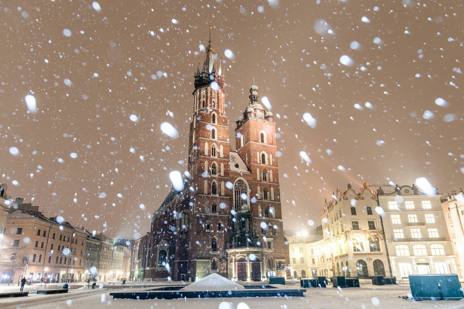 Krakow Old Town lit up at night