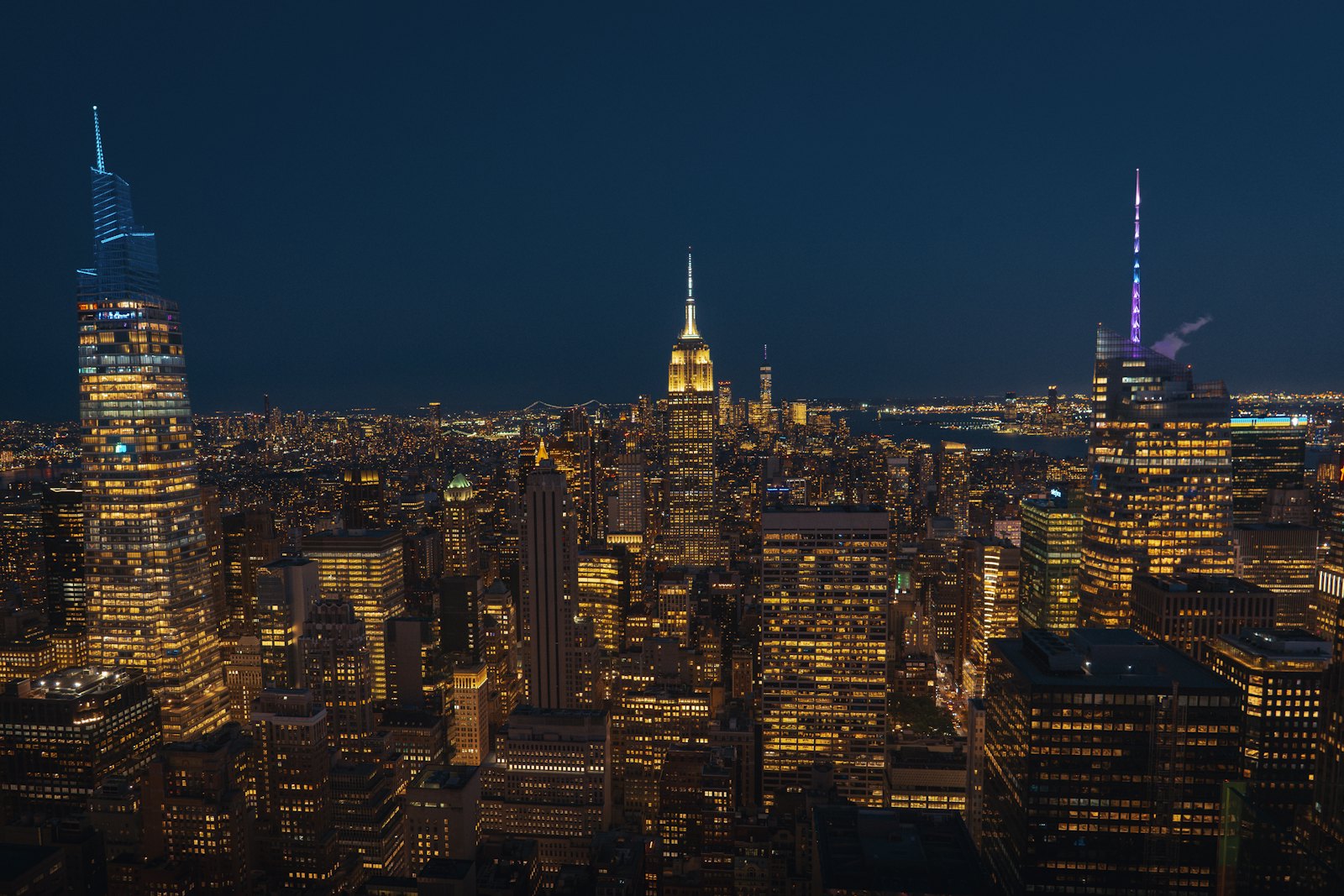 Manhattan skyline illuminated at night