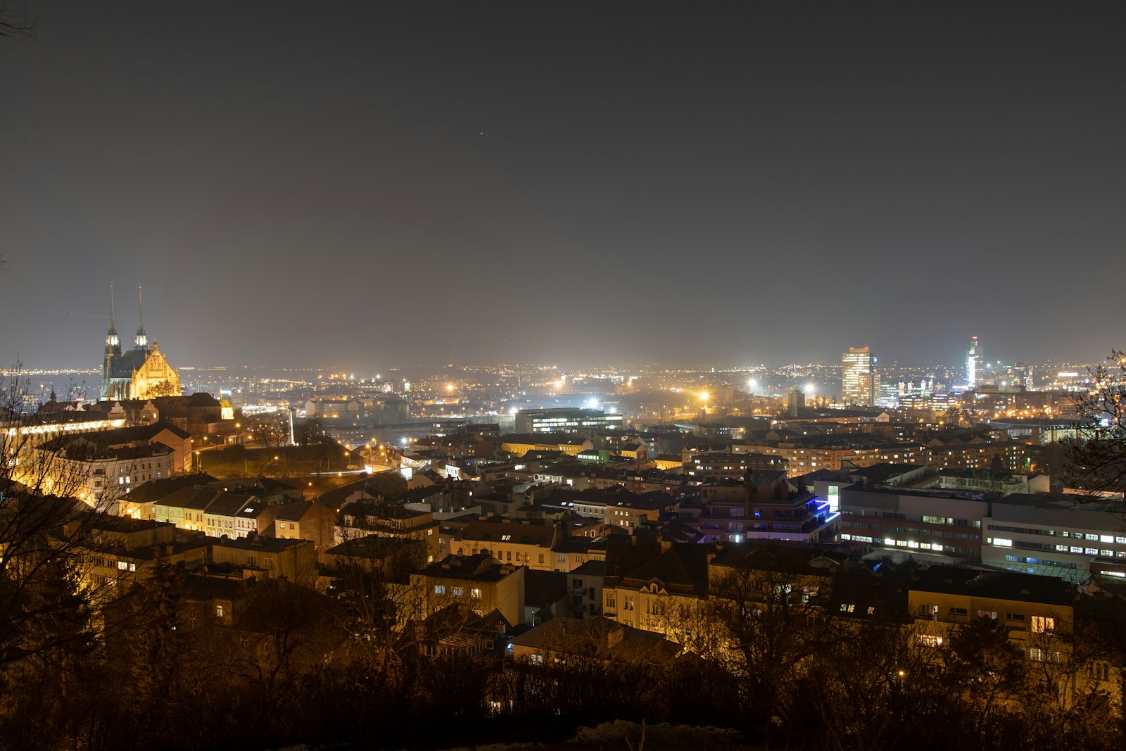 Brno city lights at night seen from a hill