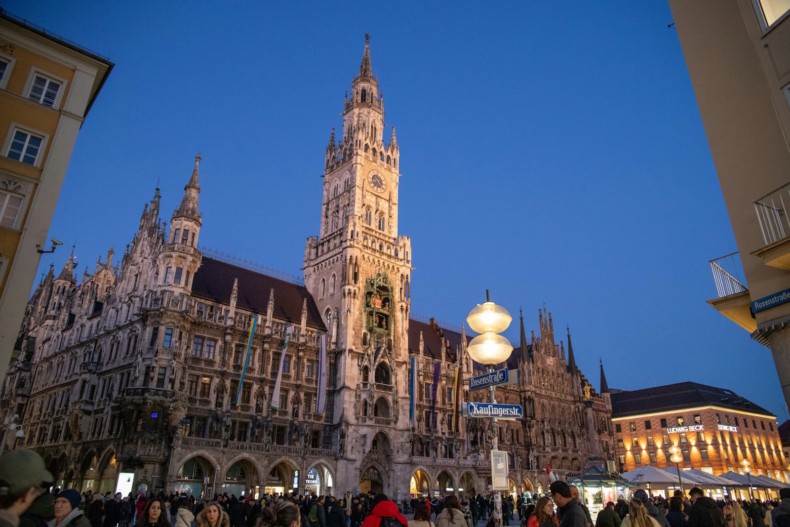 Munich New Town Hall on Marienplatz at dusk
