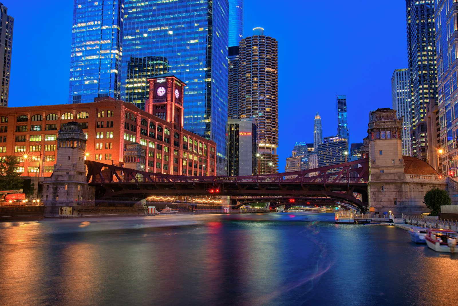 Chicago skyline at night seen from the Chicago River