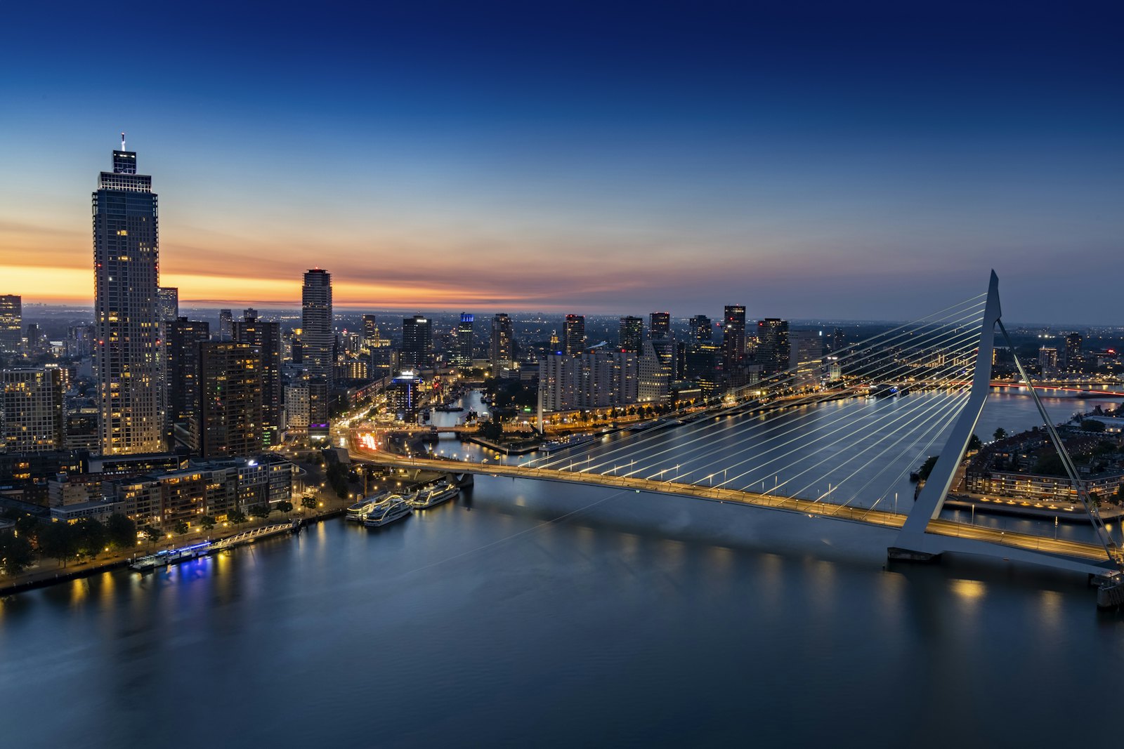 Rotterdam skyline at night over the Maas