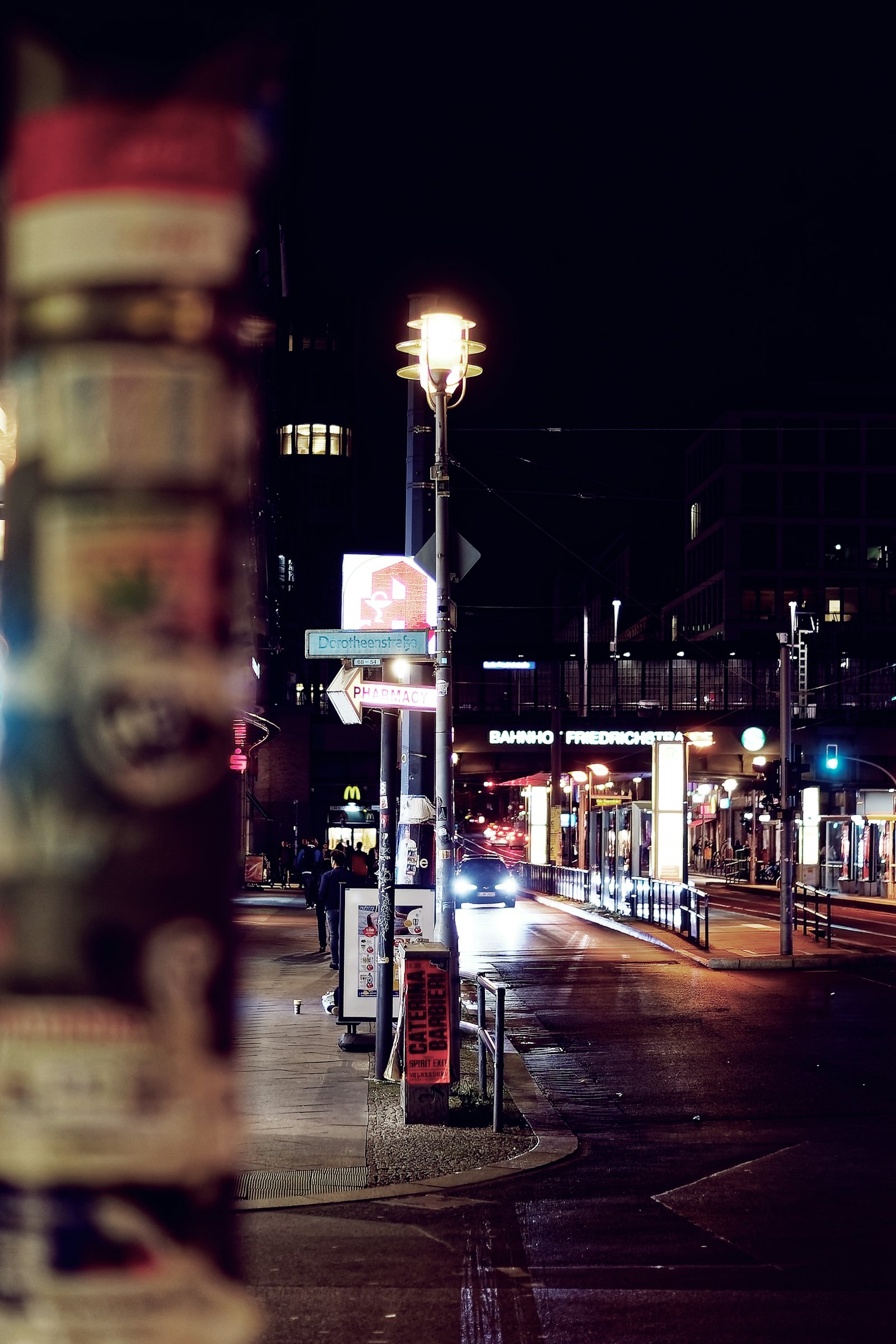 Street corner on Friedrichstraße in Berlin at night
