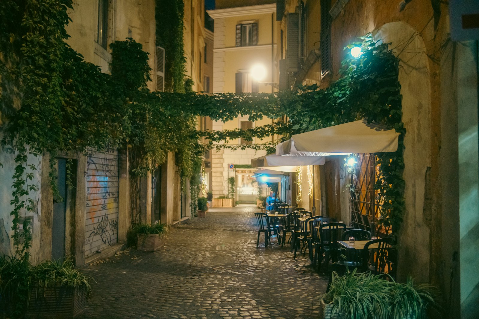 Trastevere street at night in Rome