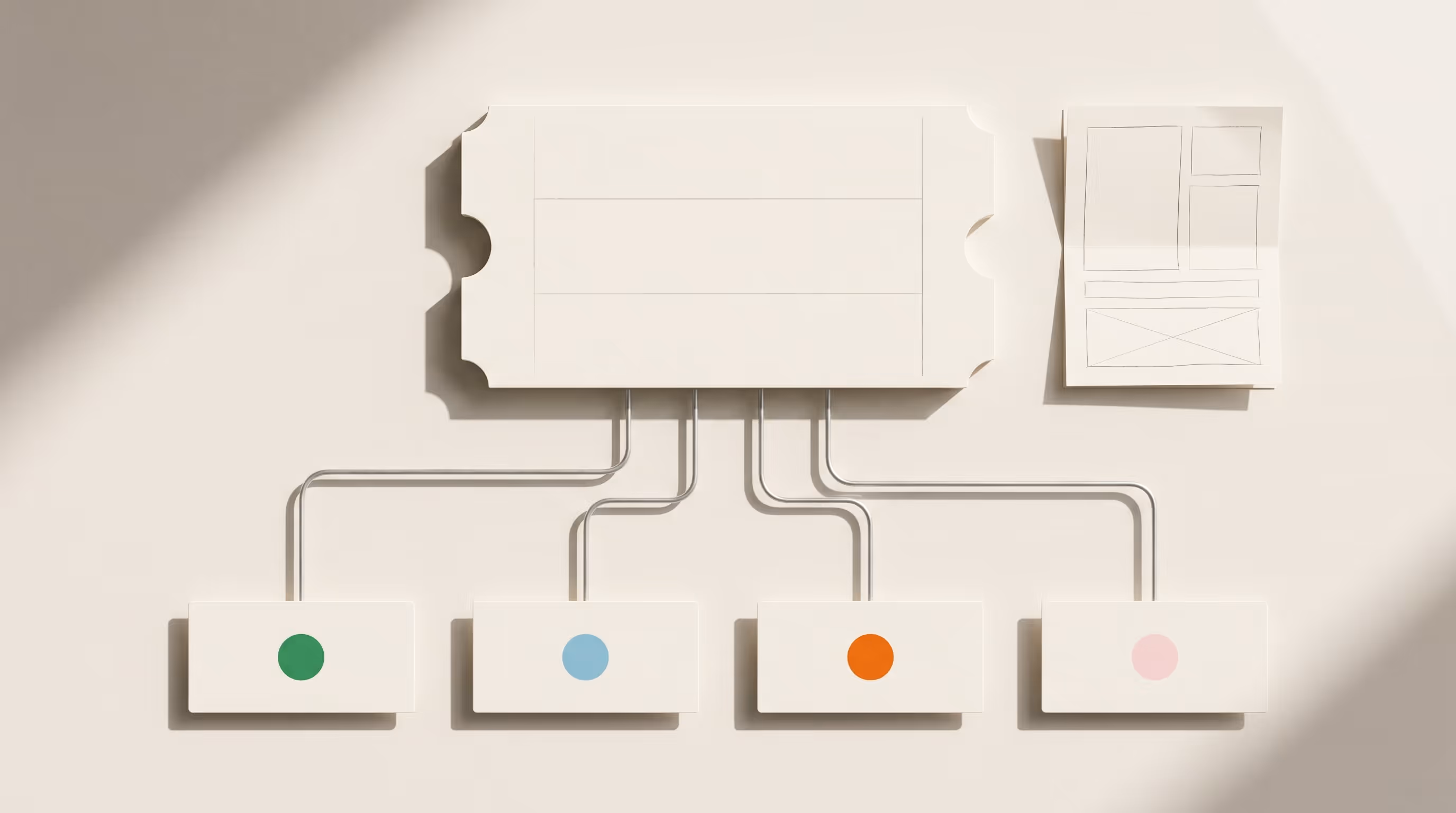 Editorial still life — centralised marketing content ticketing platform with market-card tabs connected by content distribution flows.