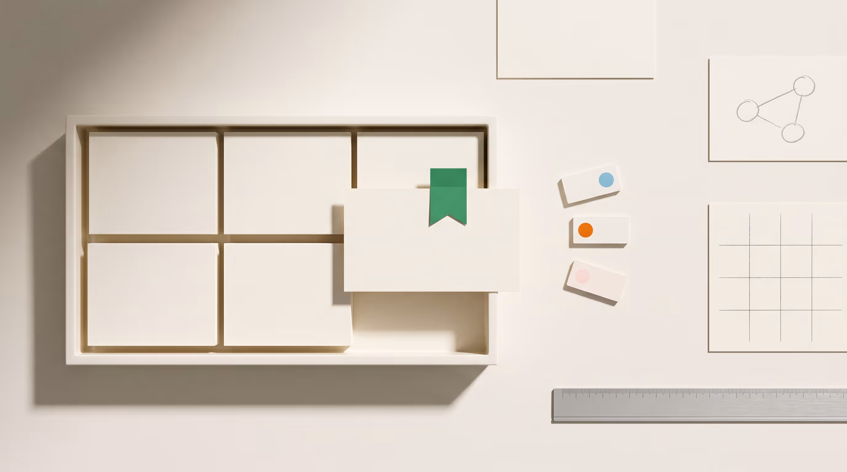 Editorial still life — AI document-extraction pipeline with a library card-catalog tray, structured data field chips, and an automation workflow icon.