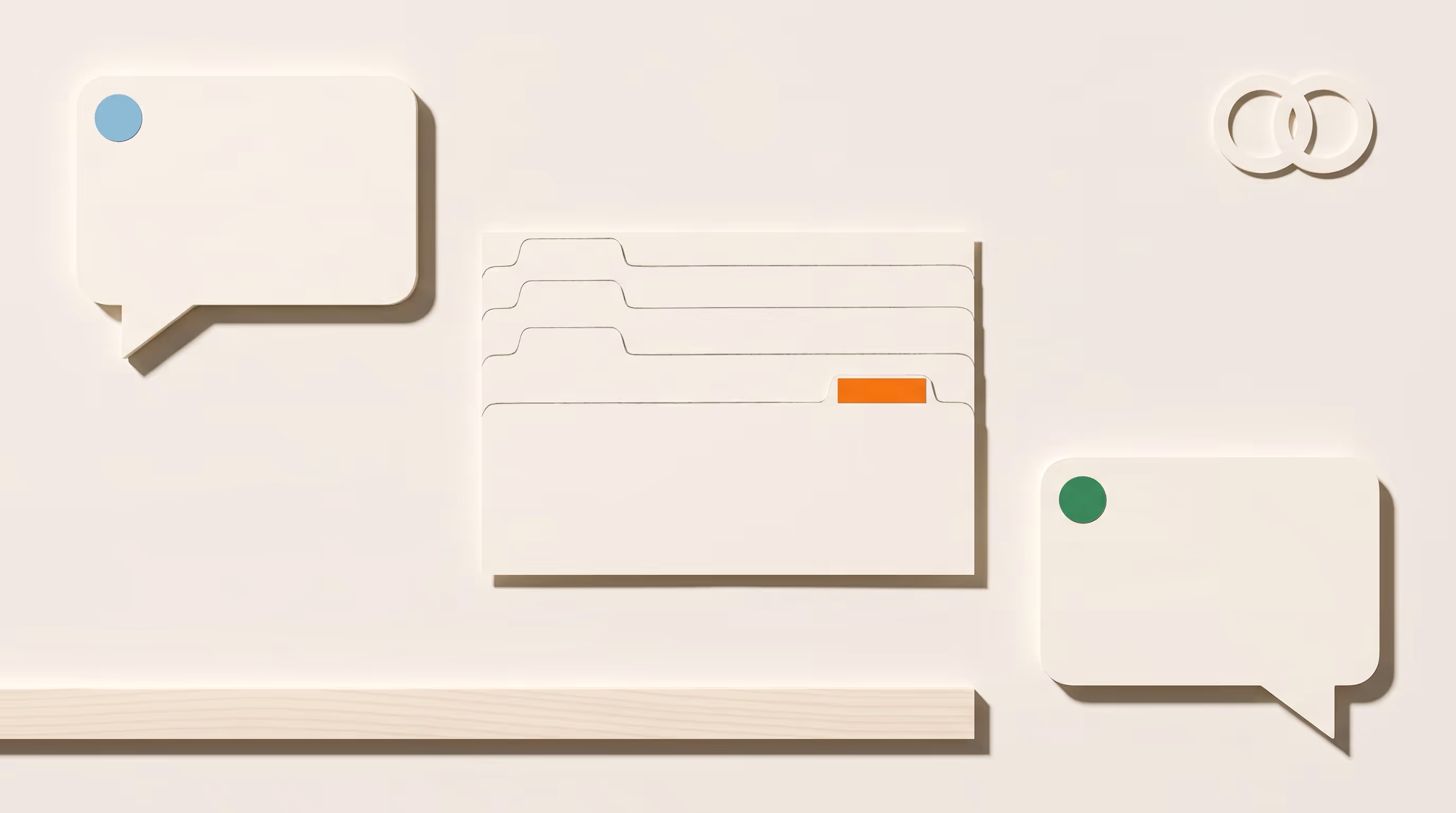Editorial still life — AI knowledge-base chatbot with two speech bubbles and a central knowledge-index card showing the cited source.