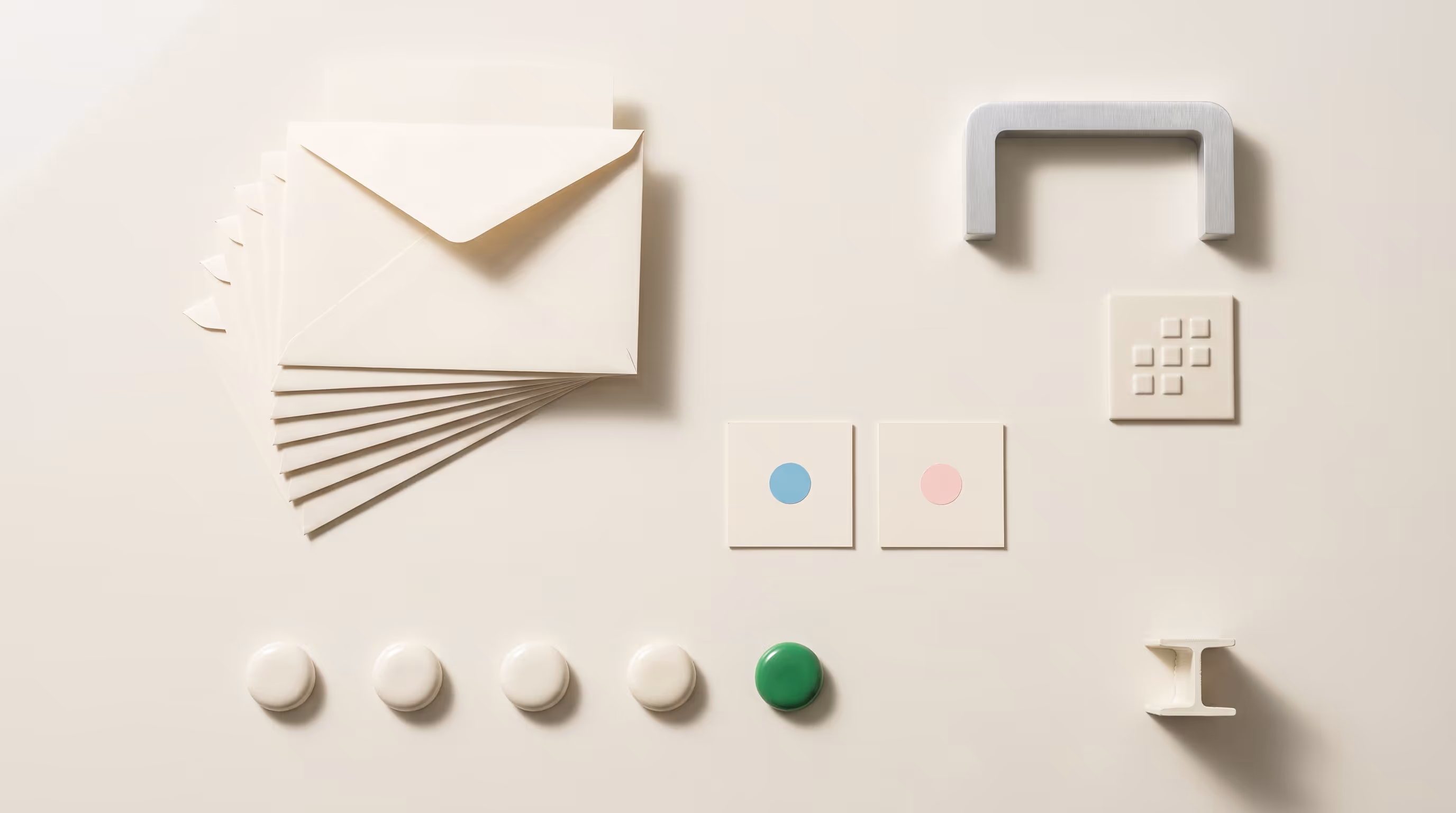 Editorial still life — AI email-processing system for steel supplier MCB. Cream surface with envelopes, category cards, and a Signal Green process-step indicator.