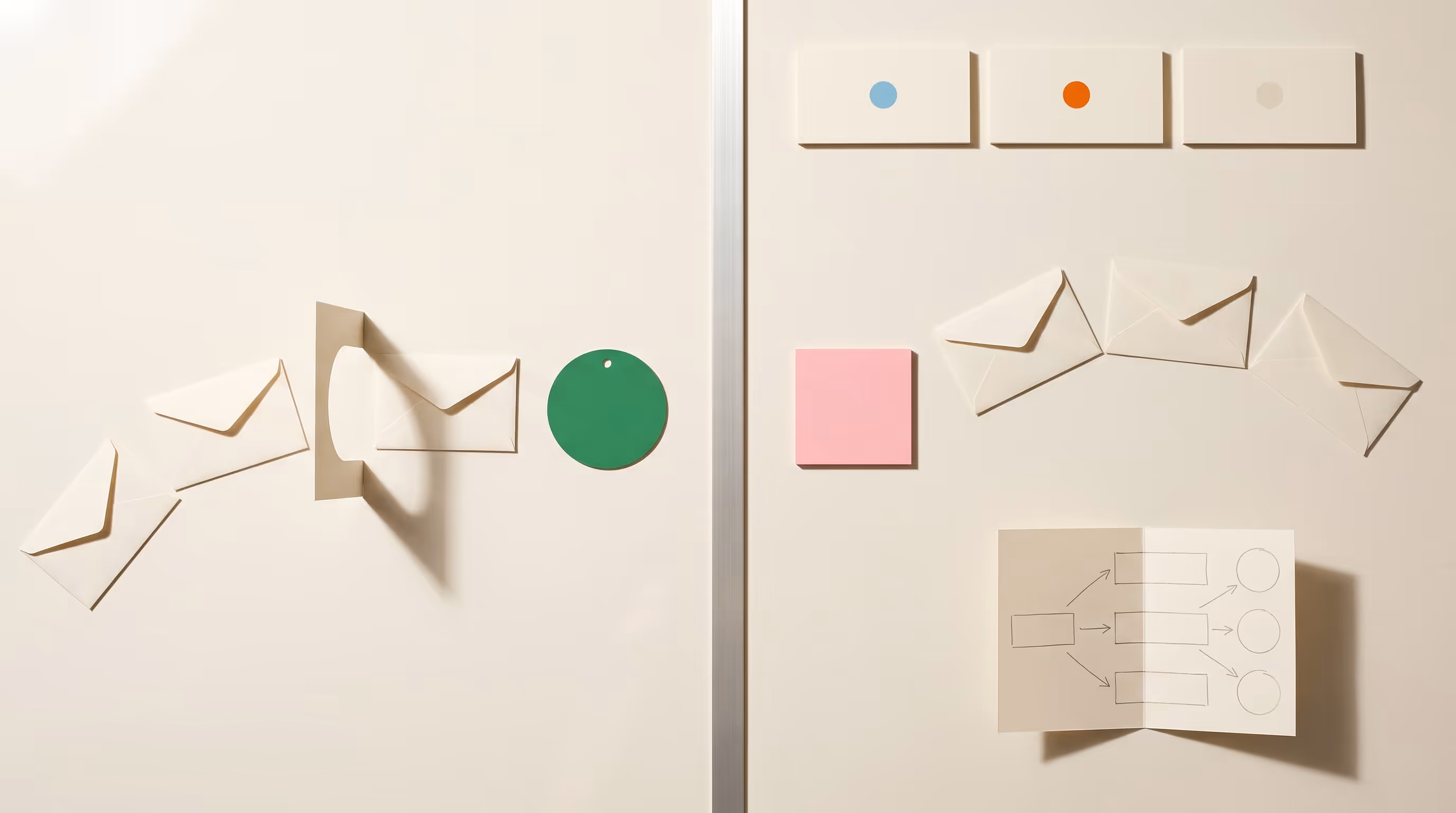 Editorial still life — AI customer-service triage routing emails between automated and human handling, with multi-channel indicator cards.