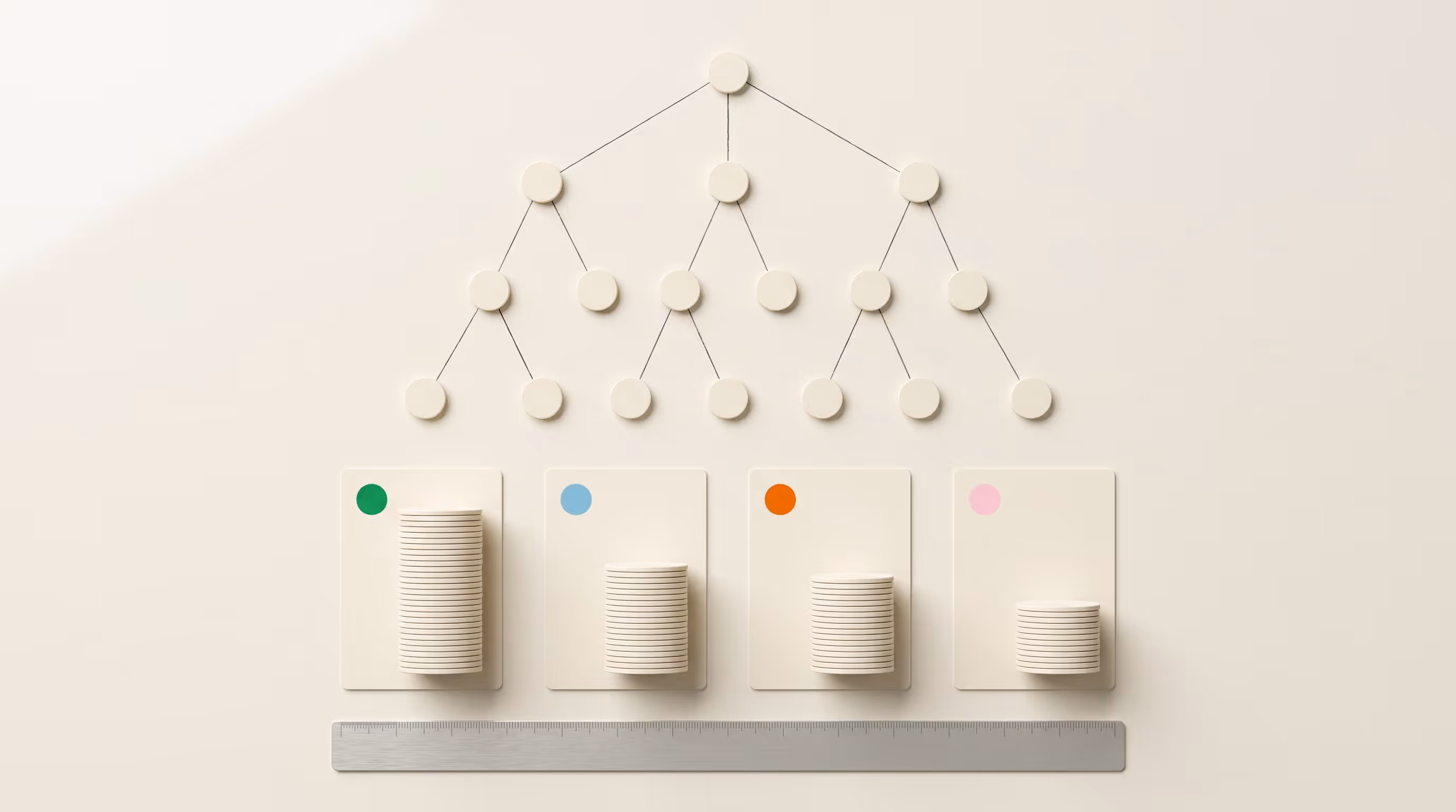 Editorial still life — AI decision-tree classifier sorting bank transactions into category bins for the financial information system.