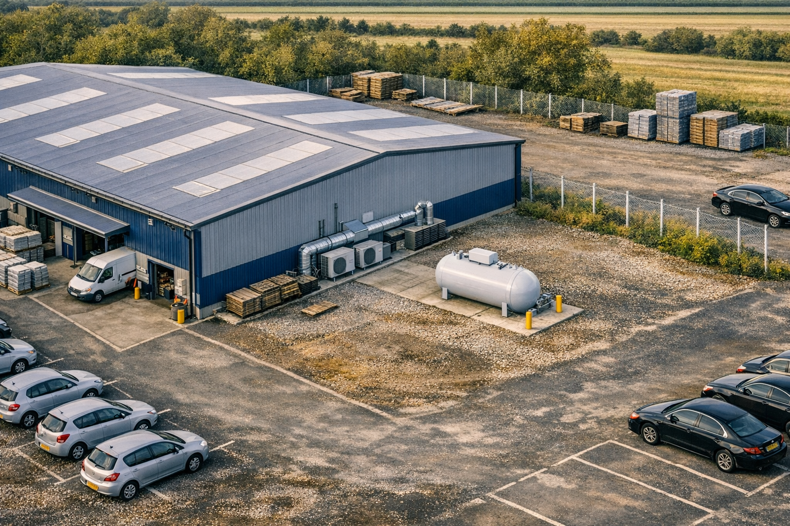 Aerial view of a blue warehouse with parked silver and black cars around a gravel and paved lot with LPG tanker supplied by Ant Gas